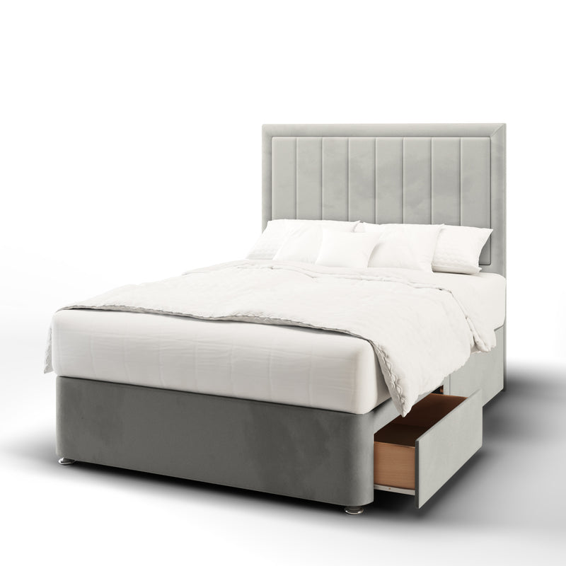 Vertical Panel Border Fabric Upholstered Short Headboard with Divan Bed Base & Mattress