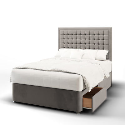 Small Cubic Buttoned Border Fabric Upholstered Short Headboard with Divan Bed Base & Mattress