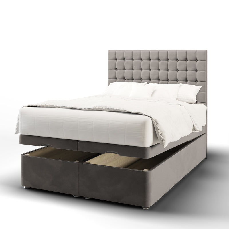Small Cubic Buttoned Fabric Upholstered Short Headboard with Ottoman Storage Bed Base & Mattress
