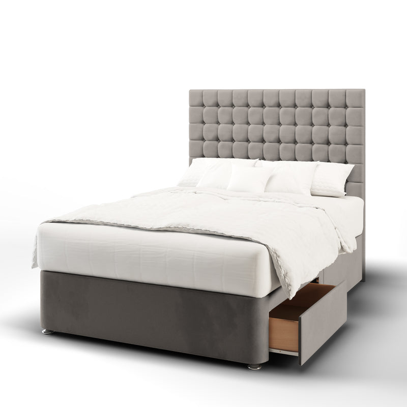 Small Cubic Buttoned Fabric Upholstered Short Headboard with Divan Bed Base & Mattress