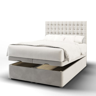 Small Cubic Buttoned Fabric Upholstered Short Headboard with Ottoman Storage Bed Base & Mattress