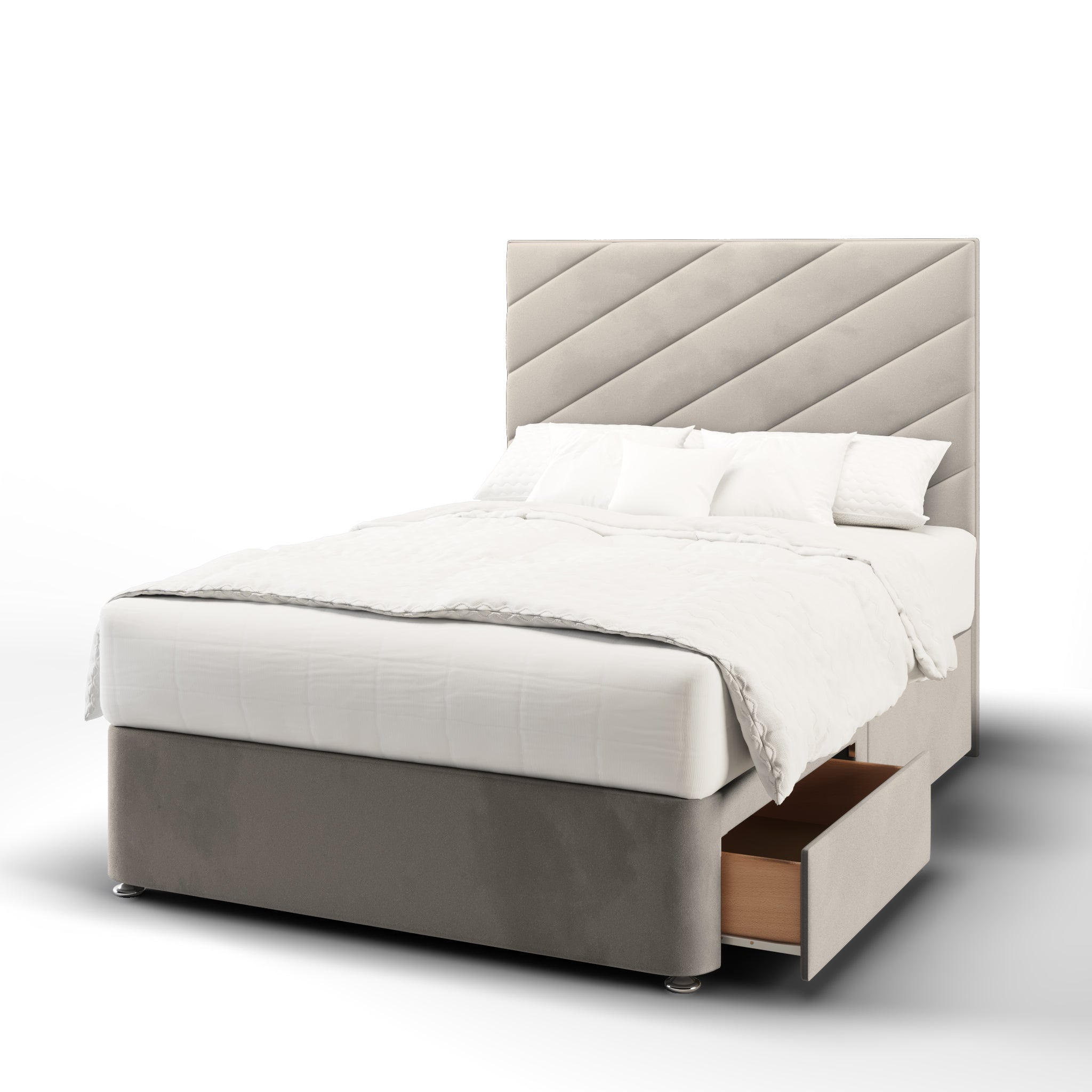 Diagonal Panels Fabric Upholstered Tall Headboard with Divan Bed Base