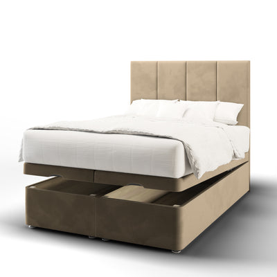 4-panel fabric headboard with ottoman storage bed base & mattress