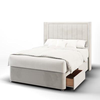 Vertical Panels Border Fabric Upholstered Straight Winged Headboard with Divan Bed Base & Mattress