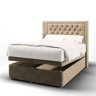 Chesterfield buttoned border fabric headboard with ottoman storage bed base & mattress