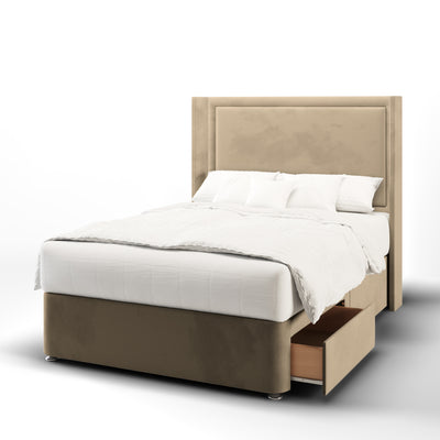Plain Border Fabric Upholstered Straight Winged Headboard with Divan Bed Base & Mattress