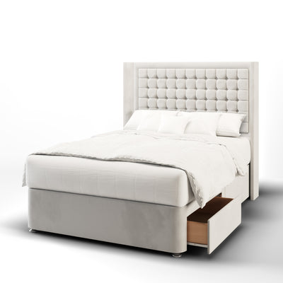 Small Cubic Buttoned Border Fabric Upholstered Straight Winged Headboard with Divan Bed Base & Mattress