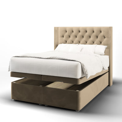 Chesterfield buttoned fabric headboard with ottoman storage bed base & mattress