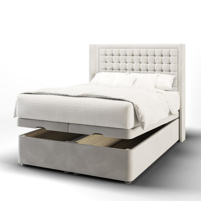 Small Cubic Buttoned Border Fabric Upholstered Straight Winged Headboard with Ottoman Storage Bed Base & Mattress