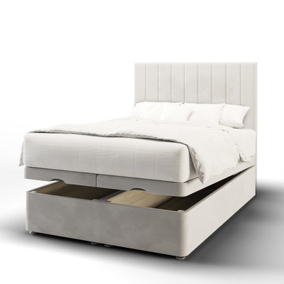 Vertical Panels Fabric Upholstered Tall Headboard with Ottoman Storage Bed Base & Mattress