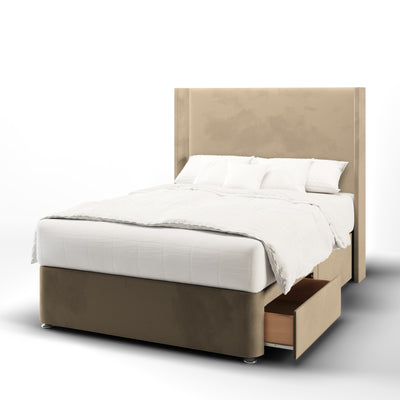 Plain Fabric Upholstered Straight Winged Headboard with Divan Bed Base & Mattress