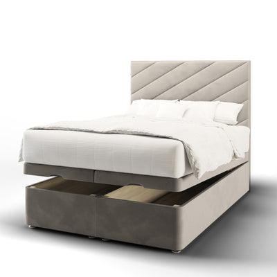 Diagonal Panels Fabric Upholstered Tall Headboard with Ottoman Storage Bed Base & Mattress
