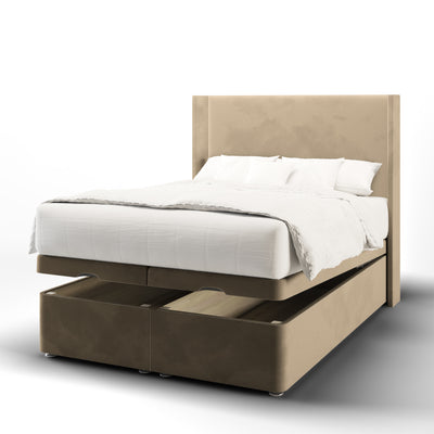 Plain Fabric Upholstered Straight Winged Headboard with Ottoman Storage Bed Base & Mattress