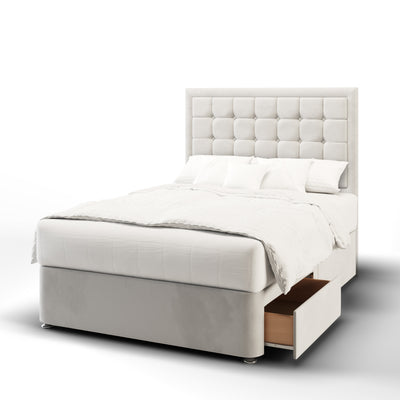 Large Cubic Buttoned Border Fabric Upholstered Tall Headboard with Divan Bed Base & Mattress