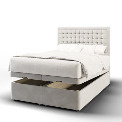 Small Cubic Buttoned Border Fabric Upholstered Tall Headboard with Ottoman Storage Bed Base & Mattress