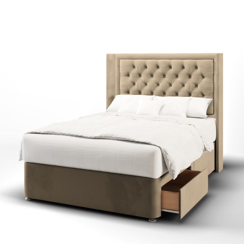 Chesterfield buttoned border fabric headboard with divan bed base & mattress